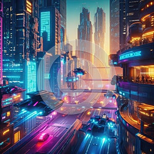 Cyberpunk city of the future, neon lights, unusual cars, night city