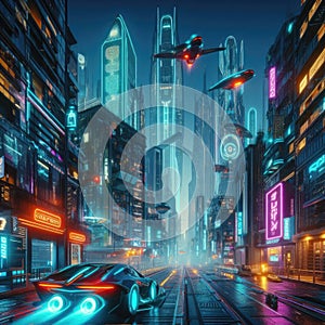 Cyberpunk city of the future, neon lights, unusual cars, night city