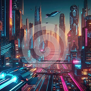 Cyberpunk city of the future, neon lights, unusual cars, night city