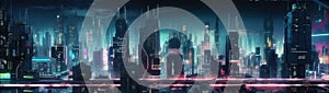 Cyberpunk city at night, panoramic view of futuristic tall buildings, generative AI