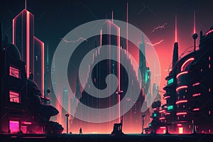 Cyberpunk city in retro futuristic style, huge futuristic buildings with neon lights. Generative AI