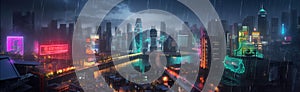 Cyberpunk city skyline at night, panoramic view of futuristic tall buildings, generative AI
