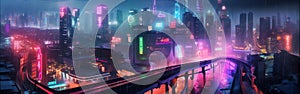 Cyberpunk city skyline, panoramic view of futuristic tall buildings, generative AI