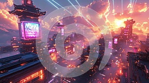 Cyberpunk City with Vibrant Neon Glow photo