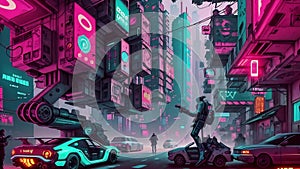 Cyberpunk cityscape in neon style. AI generated cinematic video