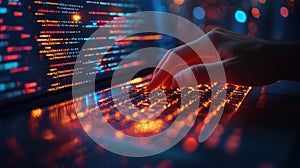 Cyberpunk Coder: Hand Typing on Illuminated Keyboard with Abstract Code Background