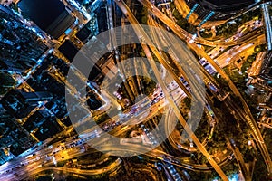 Cyberpunk color of the expressway and bridge in downtown Kowloon, Hong Kong