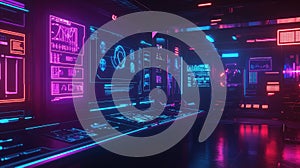 Cyberpunk command center displaying advanced user interface data