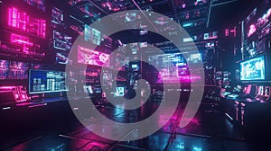 Cyberpunk command center displaying digital data network