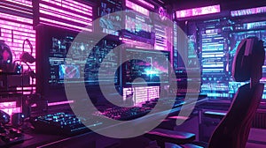Cyberpunk computer setup displaying futuristic data on screens