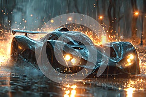 Cyberpunk concept car at night in the rain.