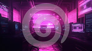 Cyberpunk control room displaying digital data and code