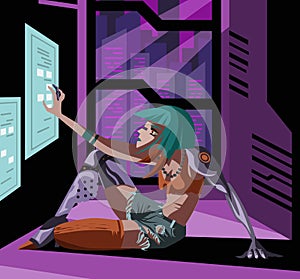 Cyberpunk cyborg hacker girl with interface cyberspace virtual reality screen