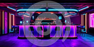 A cyberpunk 3D background of a neon-lit bar in the heart of a futuristic metropolis, where rogue AI photo