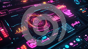 Cyberpunk dashboard displaying user interface data and graphs
