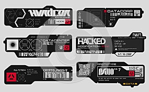 Cyberpunk decals set. Set of vector stickers and labels in futuristic style. Inscriptions and symbols