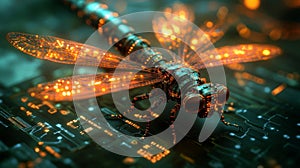 Cyberpunk Dragonfly on Circuit Board