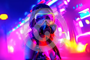 Cyberpunk Fashion Girl in Bikini and Gas Mask at Neon Rave Party