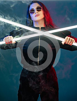 cyberpunk fighter laser war woman with LED sticks