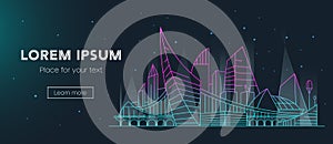 Cyberpunk future landscape, vector banner layout. Sci-fi neon city