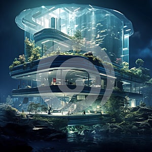 Cyberpunk futuristic architecture building under Water