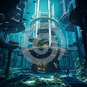 Cyberpunk futuristic architecture building under Water