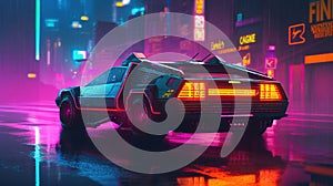 Cyberpunk futuristic car driving in a city in the rain, neon lights, vibrant colors, Generative AI