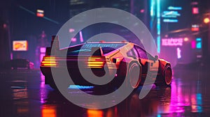 Cyberpunk futuristic car driving in a city in the rain, neon lights, vibrant colors, Generative AI