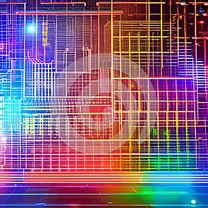 439 Cyberpunk Futuristic Grid: A futuristic and cyberpunk-inspired background featuring a grid of futuristic elements in neon an