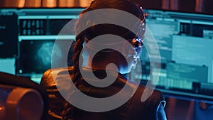 Cyberpunk girl backview types on keyboard multiple monitors with strings of code