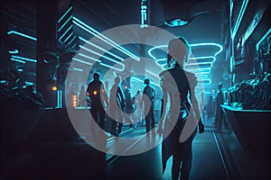 Cyberpunk girl dancing at party in cyberpunk city.Futuristic cyberpunk night club with neon lights