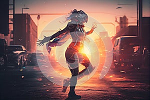 Cyberpunk girl dancing in the street urban futuristic. Dancing at sunset outdoors