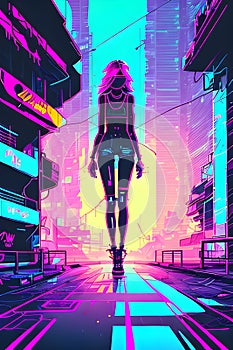 Cyberpunk graffiti portrait of girl, wearing sunglasses.