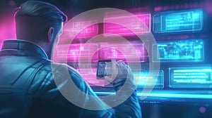 Cyberpunk hacker analyzing futuristic digital data photo