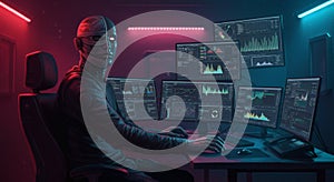 Cyberpunk Hacker Working on Multiple Monitors with Data Charts and Graphs