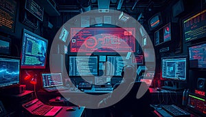 Cyberpunk hacker workspace. Futuristic tech setup, Stock Photo, Generative AI