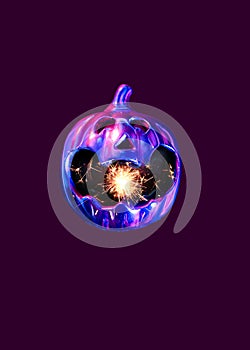 Cyberpunk halloween neon glow pumpkin with miracle candle magic firing out of mouth. Minimal dark plum background photo