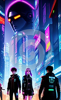 Cyberpunk Hero Teens in a Techno Futuristic Landscape