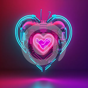 Cyberpunk high-tech neon glowing heart, cyber valentines day concept, neural network generated art