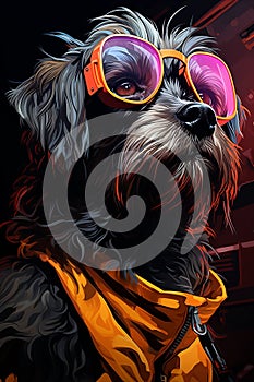 Cyberpunk-Inspired Digital Illustration of a Contemplative Affenpinscher