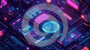 Cyberpunk interface displaying data, technology, and futuristic concepts