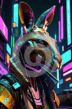 Cyberpunk kangaroo with futuristic armor and cyber enhancements