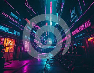 Cyberpunk landscape of city streets with neon light. Image generated by artificial intelligence, ai. The concept of retro futurism