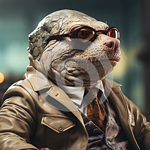 Cyberpunk Lizard: A Chilling Creature In A Dystopian Jacket And Tie photo