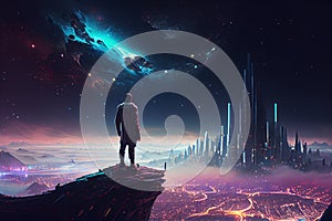 Cyberpunk man looking at futuristic cityscape with stars and skyscrapers neon lights. man stands on top of futuristic