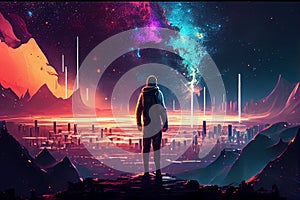 Cyberpunk man looking at futuristic cityscape with stars and skyscrapers neon lights. man stands on top of futuristic