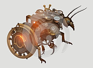 cyberpunk mechanical robot metal ant with steampunk style clockwork brass gears isolated on a plain background. generative ai