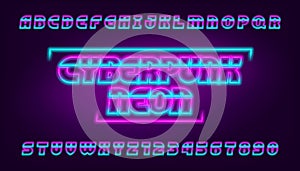 Cyberpunk neon alphabet font. Glowing letters and numbers.