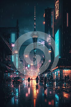 Cyberpunk neon city at night, futuristic buildings and TV tower in rain, generative AI