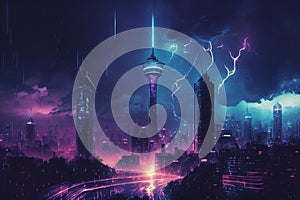 Cyberpunk neon city at night, futuristic buildings and TV tower in rain, generative AI